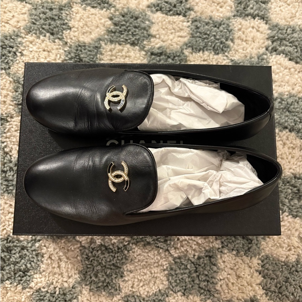 CHANEL Black Loafers with Silver Logo